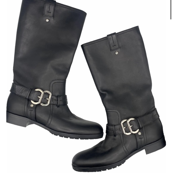 DIOR Black Leather Tall Moto Boots with Silver Designer Logo Buckles - Picture 1 of 10
